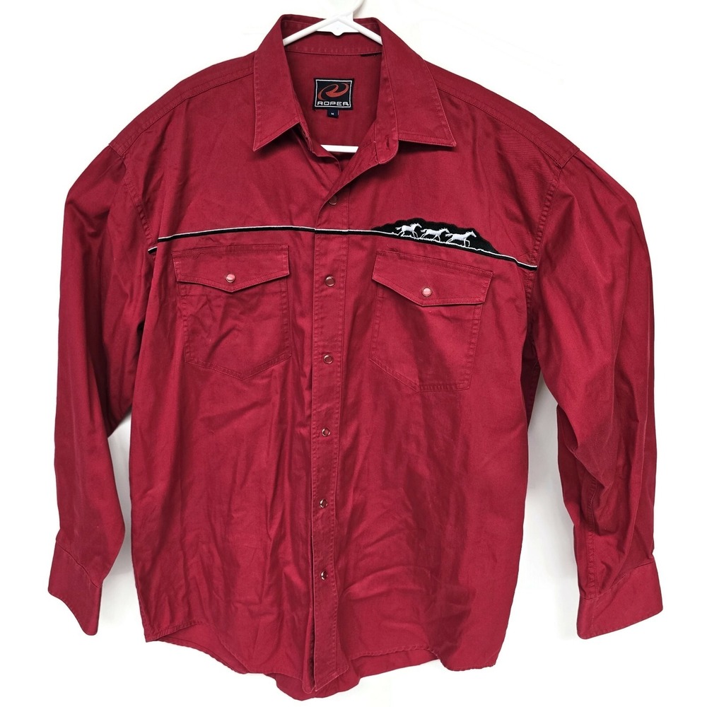 Roper Mens Red Western Shirt Embroidered Running Horses Pearl Snap Medium